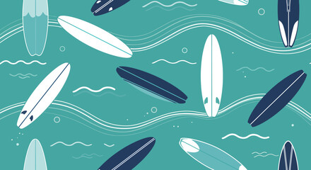 Surfboards in Teal Water with Stylized Waves and Bubbles Pattern.