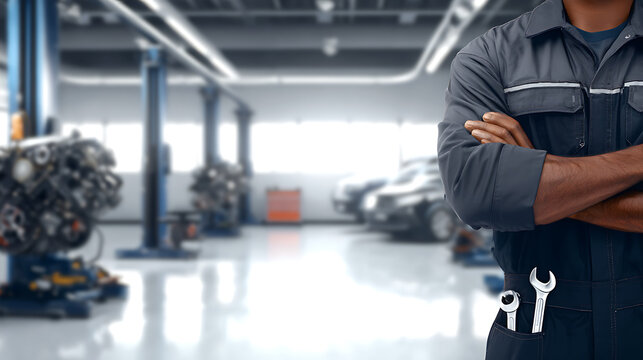 A mechanic standing with arms crossed at a car repair workshop, embodying expertise and readiness. The background showcases various vehicles being serviced and repair tools.