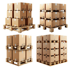 Stacked Cardboard Boxes on Wooden Pallets in Industrial Warehouse Setting