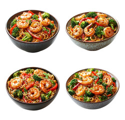 Delicious Shrimp Noodles with Broccoli and Red Peppers in Four Bowls