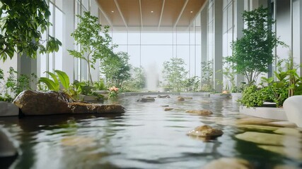 Tranquil Modern Indoor Garden Water Feature and Green Space