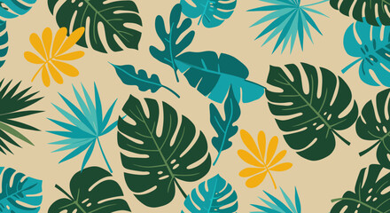 Tropical Foliage Pattern with Monstera Palm and Yellow Leaves on Beige.