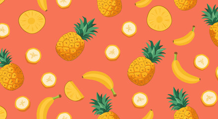Tropical fruit pattern featuring pineapples bananas and banana slices on a coral backdrop. © agra