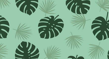 Naklejka premium Tropical Monstera and Palm Leaf Pattern in Muted Green Tones.