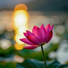 Obraz premium A vibrant pink lotus flower blooms beautifully against a softly blurred background with golden light reflections.