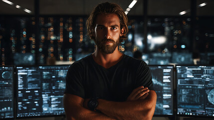 Confident man standing in a high-tech control room, monitoring data with stern look. He is surrounded by computer screens displaying complex information