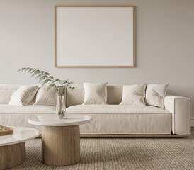 Modern Scandinavian beige sofa with square wooden wall frame and marble coffee tables – minimalist living room wall mockup