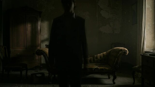 Ghostly man figure standing in ruined room with sofa. Abandoned haunted house with paranormal activity, horror or mystery concept footage.