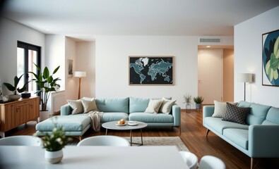 Fototapeta premium A minimalist haven where a sleek mint sofa elegant furnishings a mock-up poster map lush plants and personal accessories harmonize in a modern Scandinavian living space seamlessly flowing into a spaci