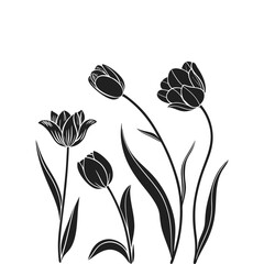 Floral Silhouette: Artistic representation of blooming tulips in elegant black and white, evoking simplicity and the purity of nature.