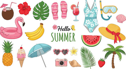 Set of vector summer cards with hand drawn tropical leaves, flowers, exotic fruits, seashells. Collection beach summer backgrounds. Modern template for poster, banner, social media post, cover.