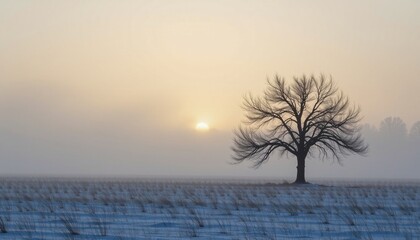 A solitary leafless tree stands in a snowy field at sunrise, enveloped by mist under a pale sky.