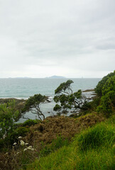 Beautiful view at Waipu beach in Whangarei, New Zealand on cloudy day.