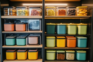 Colorful storage containers arranged on shelves.