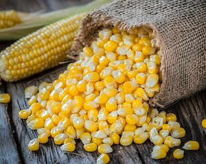 Golden corn kernels spilling out of a burlap sack on wood
