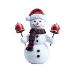 Fototapeta premium Cheerful Snowman with Bells, Wearing Santa Hat and Scarf - 3D Render