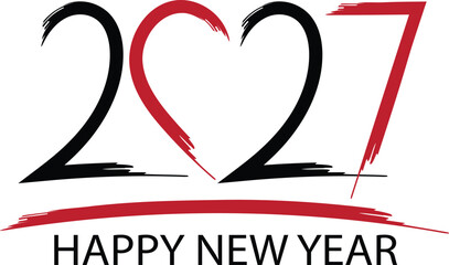2027 Happy New Year" with a heart-shaped zero and brush stroke effect in black and red, conveying a modern and artistic greeting.