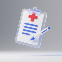3D icon of a medical health record, with a white and blue color palette, floating on a grey background.