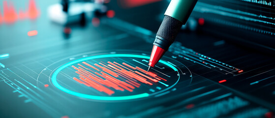 A close-up of a pen interacting with a futuristic digital interface showing data visualization and graphs in glowing blue and red tones.