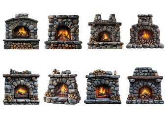 Collection of Rustic Stone Fireplaces with Cozy Flames and Logs