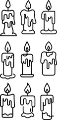 Nine line art candle icons set melted wax