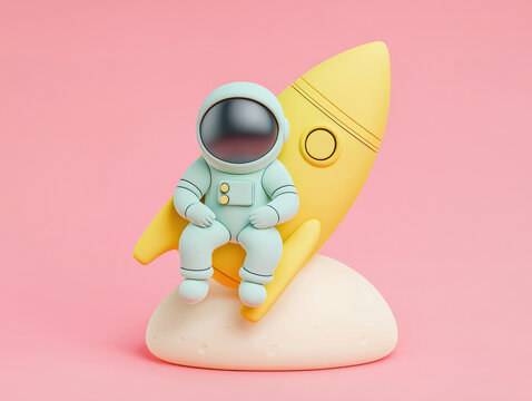 cute astronaut figurine sitting on a yellow rocket atop a moon-like surface against a pink background.