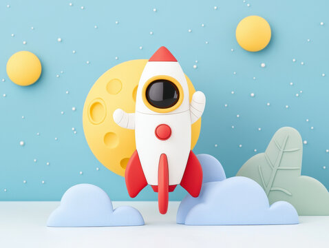 cute cartoon rocket ship takes off against a moonlit sky with stars, clouds, and planets, in a playful, paper-cutout style.
