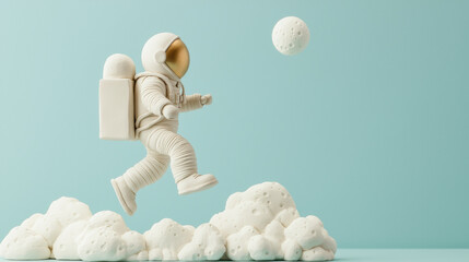  miniature astronaut leaps among moon-like craters against a soft blue background, evoking space exploration and lunar adventure.