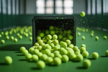 Tennis ball hopper tipped over spilling balls onto court no human no labelling no logo