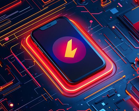 A smart phone resting on a glowing futuristic circuit board