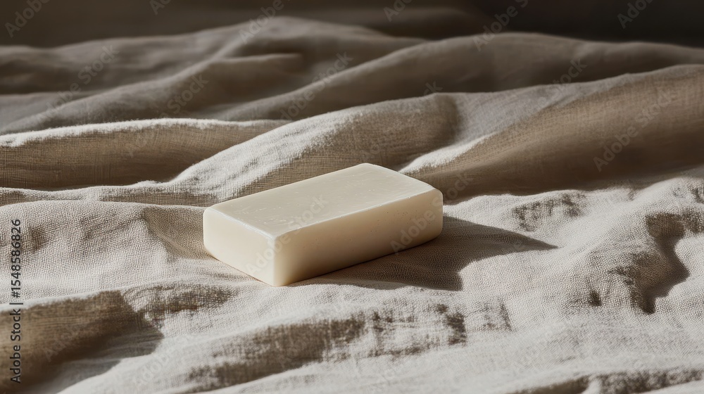 Poster simple bar of soap on a textured linen surface.