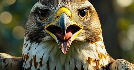 Close-up of a hawk with its beak open, showing detailed feathers and intense eyes.
