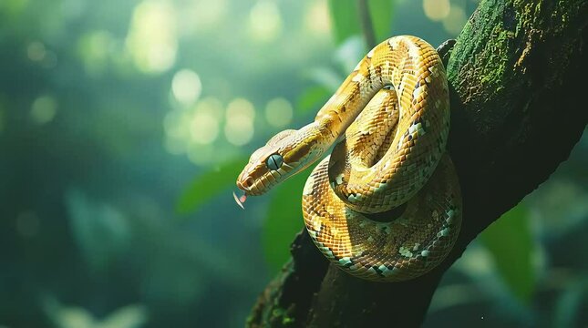 Yellow Python Coiled on Tree Branch in Lush Green Forest Setting with ai generated