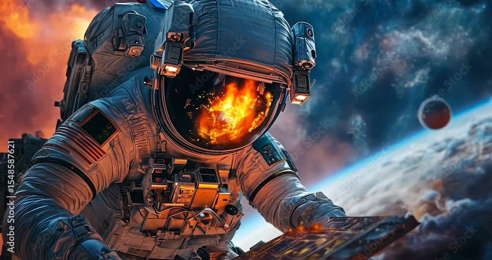 Poster astronaut exploring fiery, glowing digital map in space.