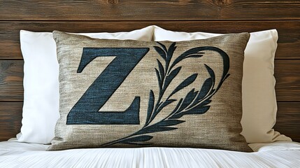 Decorative pillow displaying the letter Z on a bed setting