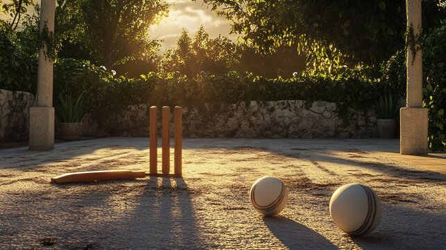 Wicket setup pads and cricket ball on a sunlit pitch no human no labelling and no logo