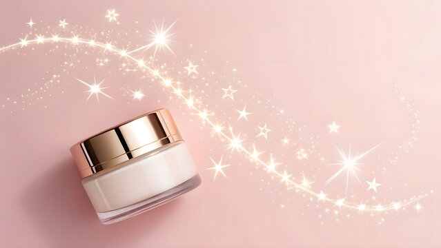 Night cream pot illuminated by delicate star-trail glow on soft pink&mdash;captures dreamy, premium skincare ambiance.