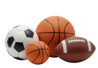 Various sport balls including soccer basketball and football isolated on transparent background