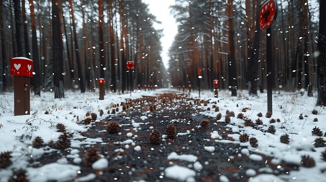 Forest clearing covered in snow with scattered pinecones and falling snowflakes