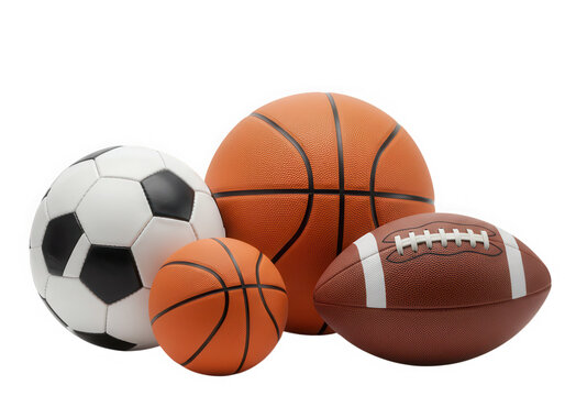 Various sport balls including soccer basketball and football isolated on transparent background