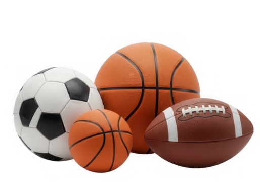 Various sport balls including soccer basketball and football isolated on transparent background