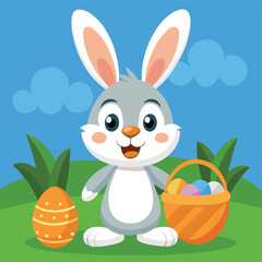 Adorable easter bunny holding basket of eggs isolated on white background