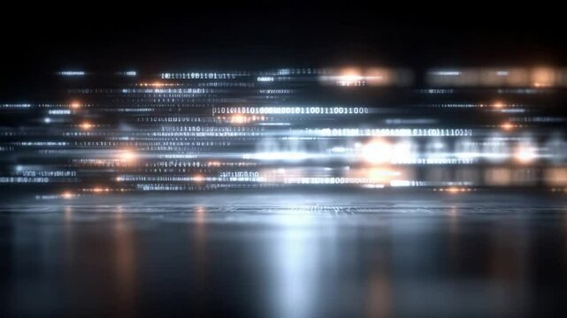Digital Data Stream: Abstract Visualization of Binary Code Flowing Across a Reflective Surface