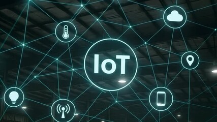 IoT network concept showing interconnected devices and data flow within a smart factory or industrial setting. - Powered by Adobe