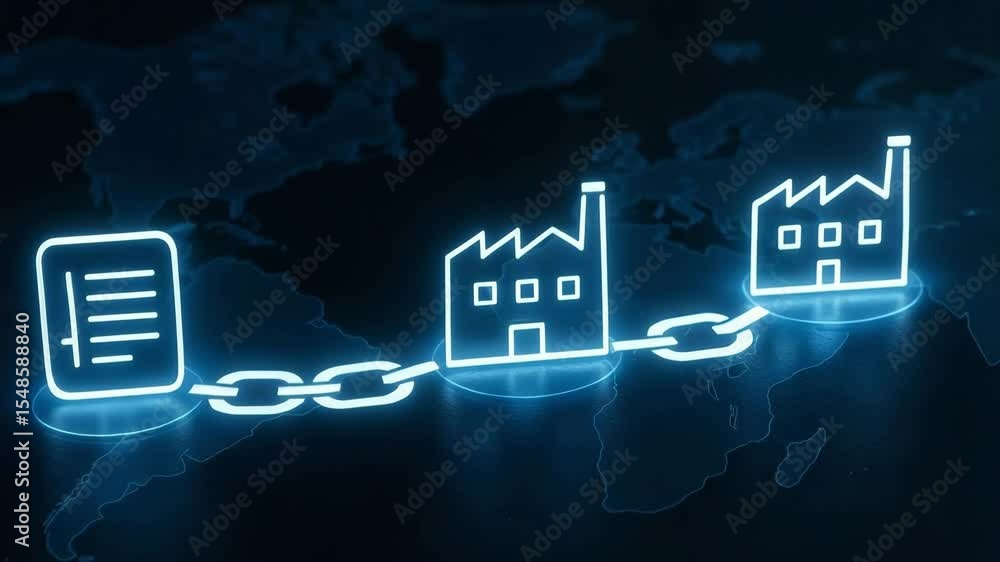 Poster an illustrative view of supply chain connecting, depicts the link between a document and two factori