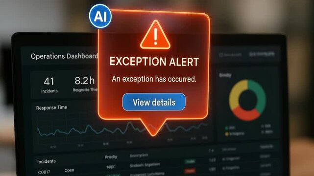 A close-up shot capturing the moment an 'EXCEPTION ALERT' pops up on a laptop screen, representing technological error.