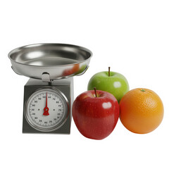 Kitchen scale with fruits, apple and orange isolated on transparent background