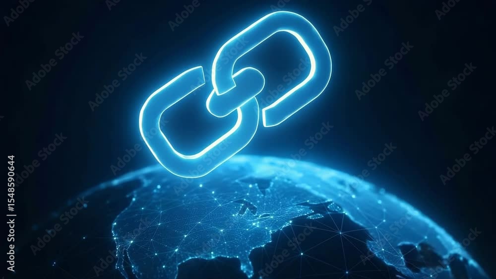 Poster a glowing chain symbol links the earth, representing connectivity and networking in a digital world.