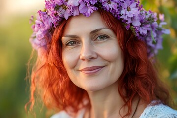 Dawn light. Happy stunning middle eastern midlife woman with red hair wearing purple flower circlet on her head. Happy summertime design idea design. Boho-inspired floral wreath.
