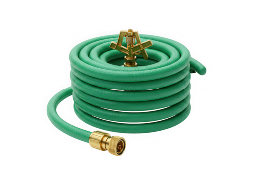 Green garden hose with sprinkler isolated on transparent background
